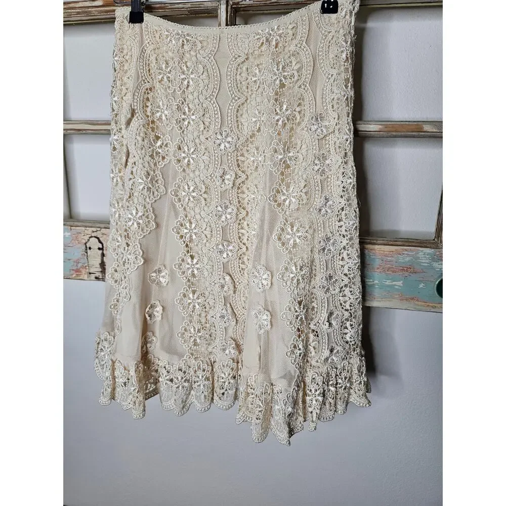 Antonio Melani Women's Ivory Lined A-line Lace Skirt Size 4 - Picture 4 of 10